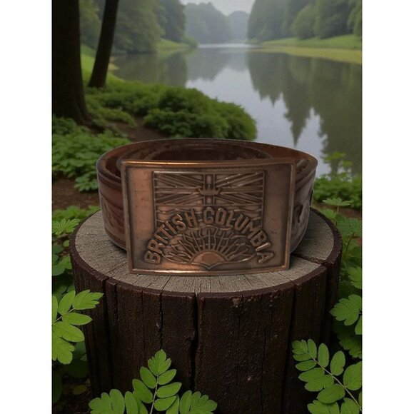 Mens Tooled Full Grain Leather Belt British Columbia Copper Buckle Size 38 - Picture 2 of 14